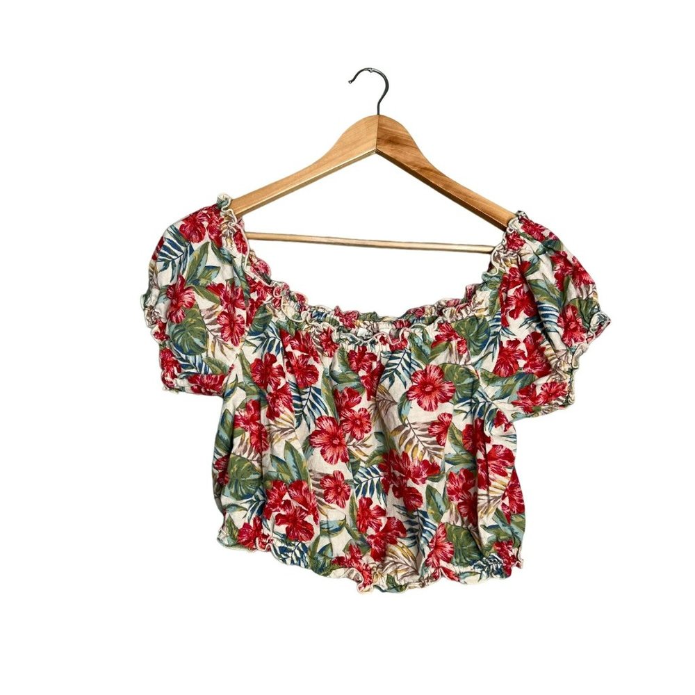 American Eagle Cotton Linen Cropped Hawaiian Hibiscus Floral Off Shoulder Top